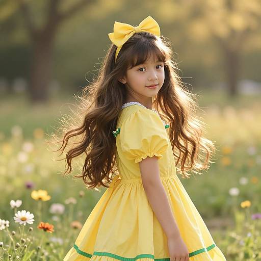 Photograph of a young girl with long brown hair, wearing a yellow dress with green trim and a matching bow, standing in a sunny meadow filled