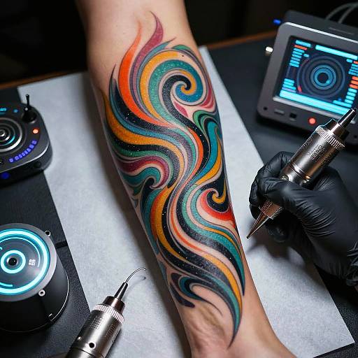 Photograph of a tattoo artist inking a colorful, swirl-patterned tattoo on a forearm, using a tattoo machine, with a digital tattoo device and