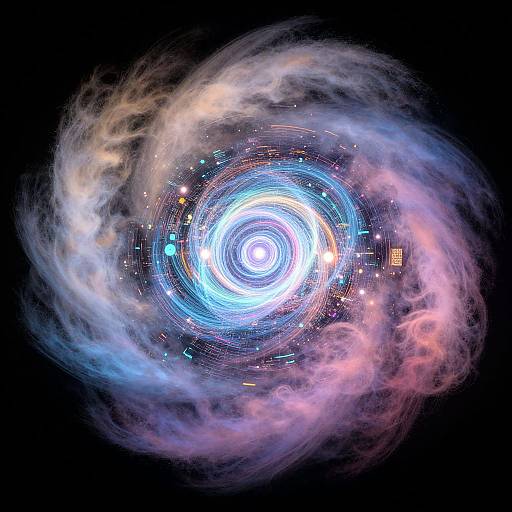Digital artwork of a bright, glowing, spiral galaxy with swirling blue and pink nebulae, surrounded by stars and cosmic particles against a black background.
