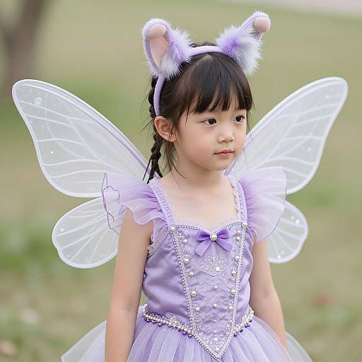 Photograph of an Asian toddler girl wearing a lavender fairy costume with cat ears, translucent wings, and a satin dress, standing outdoors on a grassy
