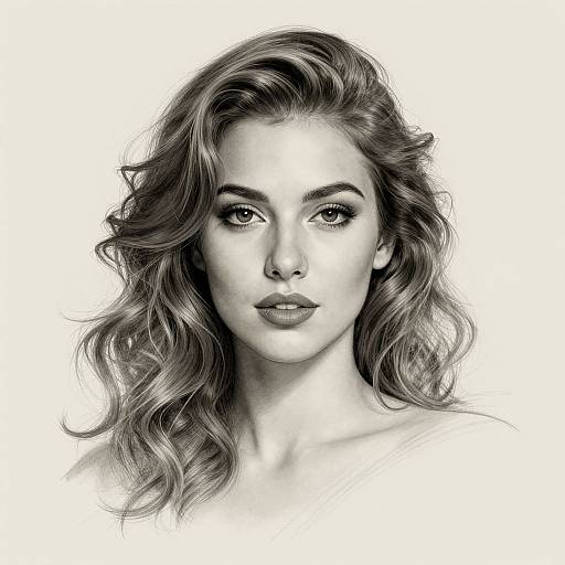 Black-and-white digital portrait of a beautiful woman with wavy, shoulder-length hair, striking eyes, and full lips, staring directly at the viewer.