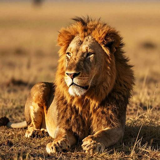 Photograph of a majestic male lion with a thick, golden-brown mane, lying in a sunlit savanna grassland, eyes focused intently