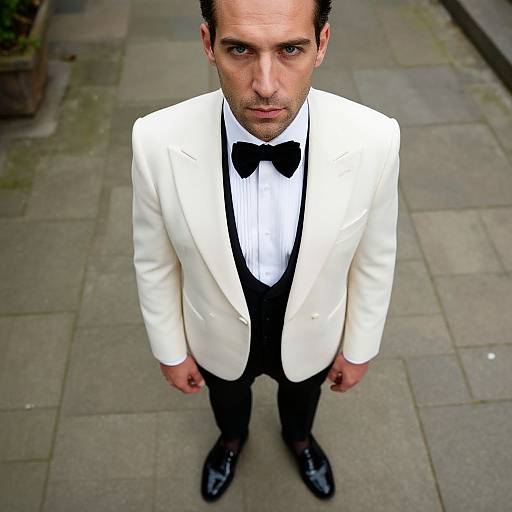 Photograph of a serious-looking man with short dark hair, wearing a white tuxedo jacket, black bow tie, white shirt, black pants,