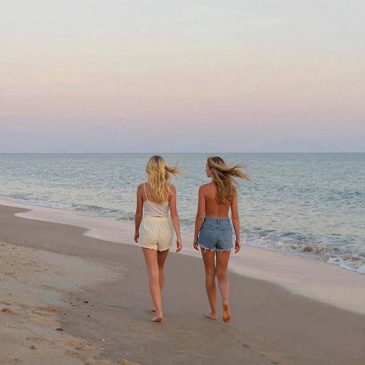 Photograph of two blonde women walking barefoot on a sandy beach, wearing white shorts and denim shorts, with calm ocean waves and a pastel pink