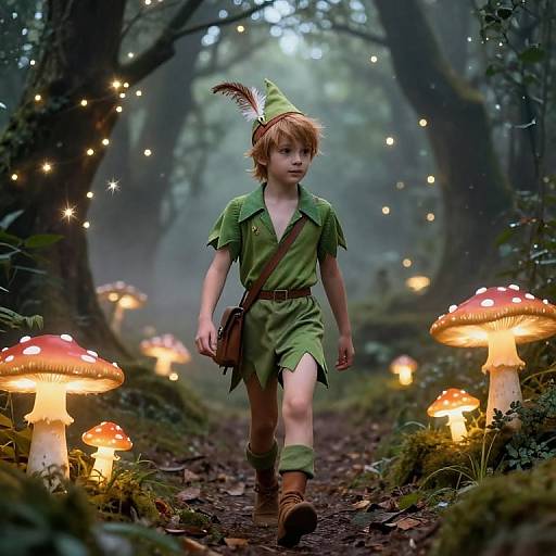 Photograph-like CGI of a young boy in a green tunic, fez, and brown boots, walking through a magical forest with glowing mushrooms and
