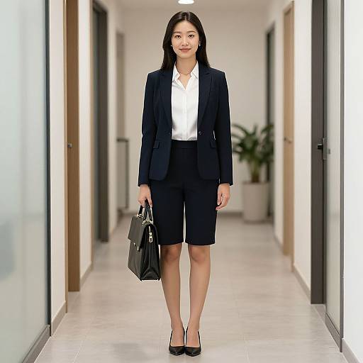 Photograph of an Asian woman with long black hair, wearing a black blazer, white shirt, black pencil skirt, and black heels, holding a