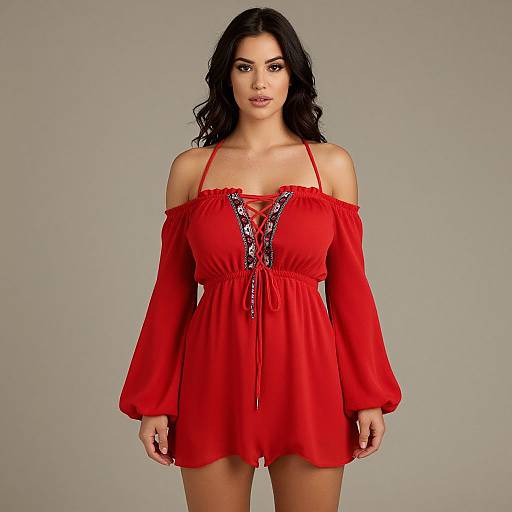 Photograph of a fair-skinned woman with long black hair wearing a red off-shoulder, long-sleeve dress with black lace-up detail