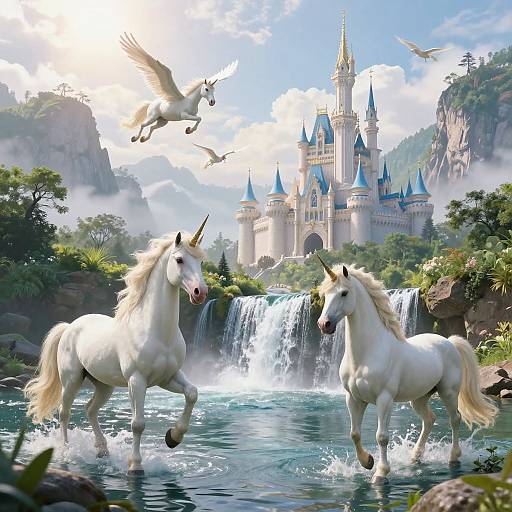 Digital artwork of two white unicorns with flowing manes, galloping through a waterfall, in front of a blue-roofed fairy-tale