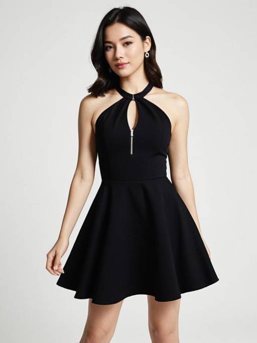 Woman in Black Halter-Neck Skater Dress