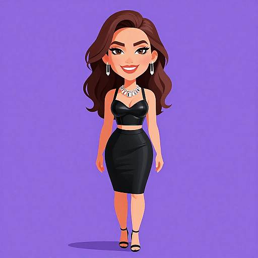 Digital cartoon of a smiling woman with long brown hair, black leather crop top and skirt, silver necklace, earrings, and black heels, against a purple