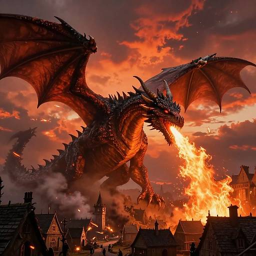 Photorealistic digital art of a massive, fiery red dragon with large wings destroying a medieval village, with bright orange flames and dark, dramatic clouds in