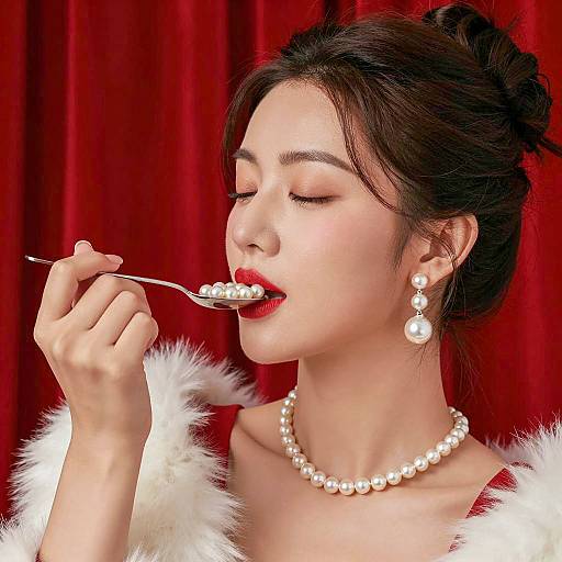 Elegant Woman with Pearls and Red Lipstick