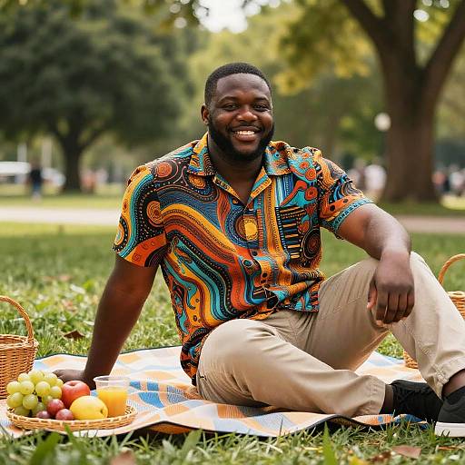 Photograph of a smiling Black man with a beard, wearing a colorful, patterned shirt and beige pants, sitting on a blanket in a sunny park