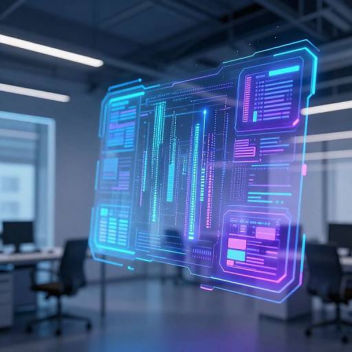 Digital hologram of glowing blue and purple code floating in a modern, dimly-lit office with blurred desks and computers.