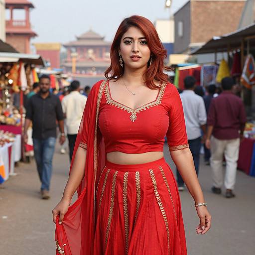Photograph of a confident South Asian woman with red hair, medium build, wearing a red traditional outfit with gold embroidery, walking in a busy, colorful