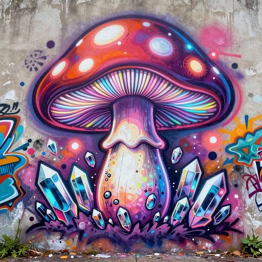 Vibrant digital graffiti of a glowing, multicolored mushroom with crystalline shards, set against a textured concrete wall, featuring neon lights and abstract