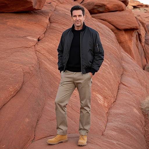 Photograph of a middle-aged man with short dark hair, wearing a black jacket, black shirt, beige pants, and tan boots, standing confidently against