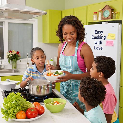Photograph of an African-American woman with curly hair cooking with three young boys in a bright yellow kitchen, serving salad, surrounded by fresh vegetables and a