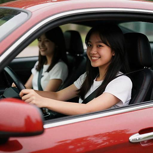 Happy Asian Teen Driving Red Mustang