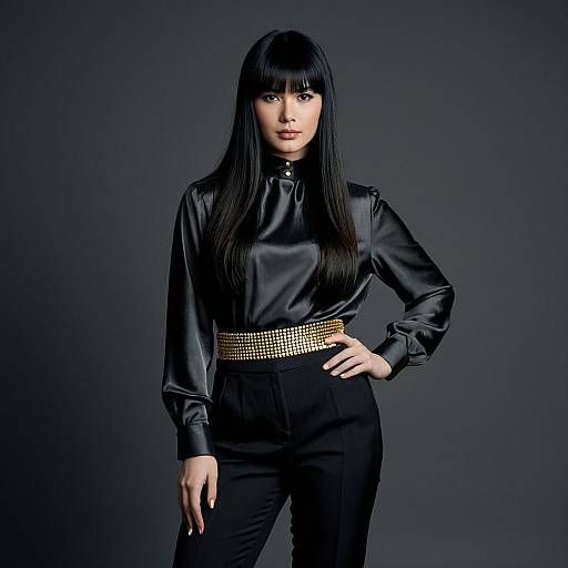 Young Woman in Black Silk Blouse and Gold Belt