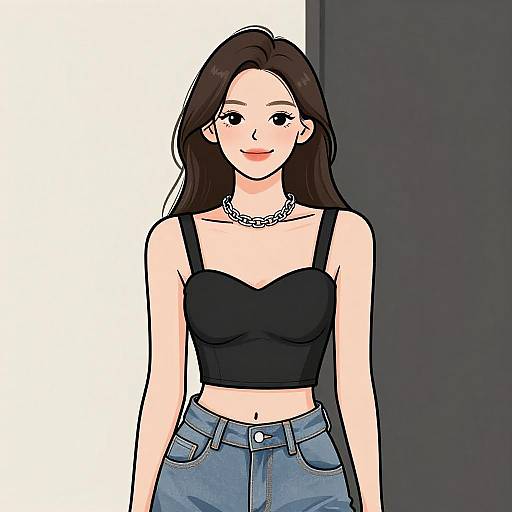 Digital illustration of a smiling young woman with long brown hair, wearing a black strapless top and blue jeans, against a split white and black background.