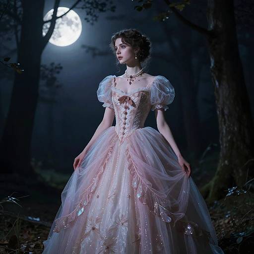 Photograph of a fair-skinned woman with curly brown hair in a pastel pink, lace and tulle ball gown, standing in a dark,
