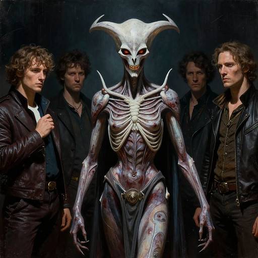 Photograph-style digital illustration: Four men in black leather jackets stand behind a skeletal, demonic humanoid with a horned skull, glowing red eyes, and