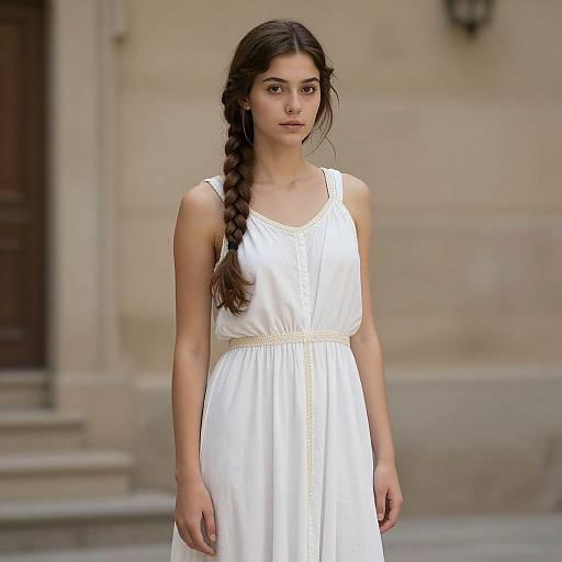 Photograph of a young woman with long, dark braided hair, wearing a sleeveless, white, embroidered dress, standing in front of a beige