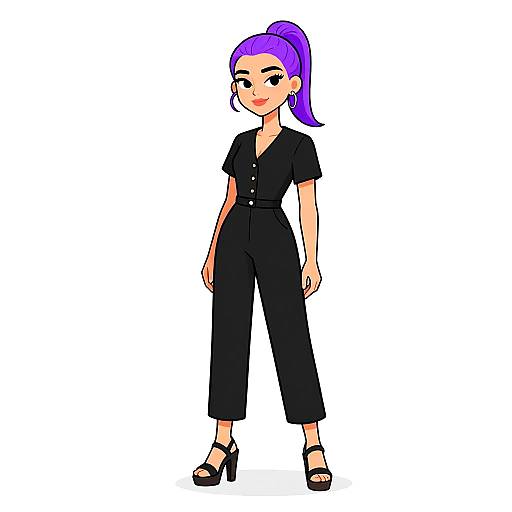 Digital cartoon of a confident woman with purple hair in a high ponytail, wearing a black button-up jumpsuit and high heels, standing against a plain