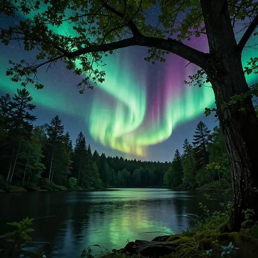 Photograph of vibrant Northern Lights over a calm, reflective lake surrounded by dark, dense forest with a large tree arching overhead.
