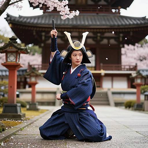 Female Samurai in Cherry Blossom Garden