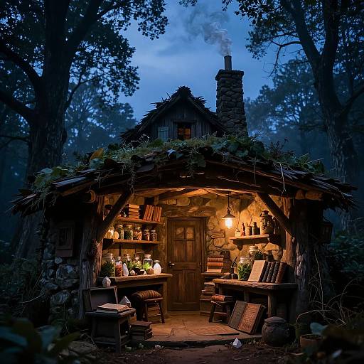 Photograph of a cozy, illuminated, rustic stone hut at dusk, with a chimney smoking, wooden furniture, shelves with bottles, and surrounded by trees