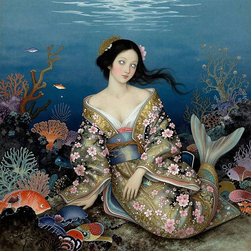 Digital painting of a pale-skinned mermaid with black hair, wearing an ornate gold and pink floral kimono, surrounded by colorful coral and fish