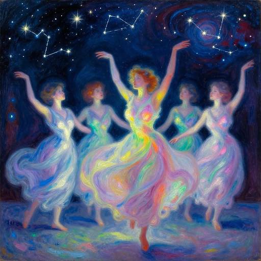 Digital painting of four ethereal women with glowing, iridescent dresses dancing under a starry night sky, surrounded by a constellation. Vibrant,