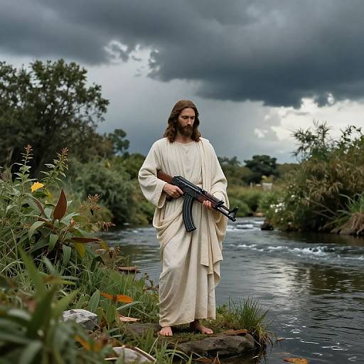 Photograph of Jesus with long brown hair and beard, wearing a white robe, standing barefoot by a river, holding a black rifle, under a