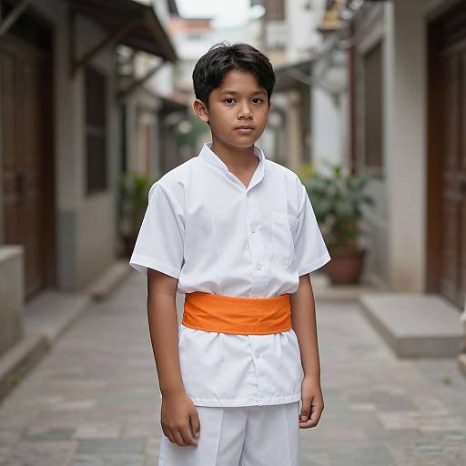 Photograph of a young boy with short black hair, wearing a white martial arts uniform with an orange belt, standing in a narrow, cobblestone