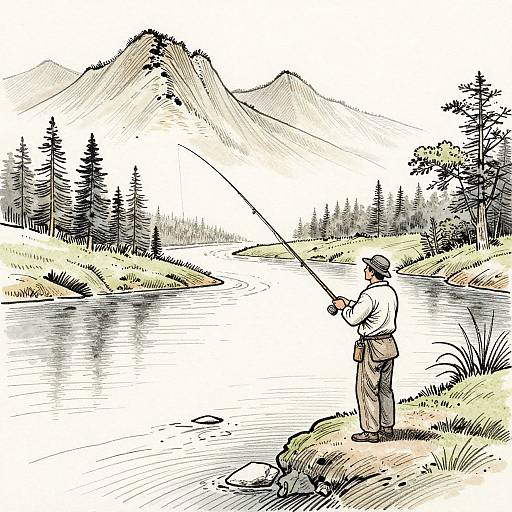 Illustration of a man fishing by a serene river, with towering mountains and pine trees in the background, wearing a hat and waders, holding a