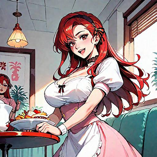 Anime Waitress with Red Hair Serving Dessert