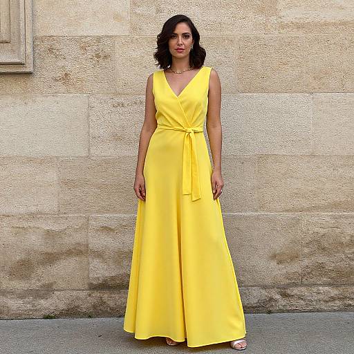 Photograph of a woman with wavy black hair wearing a sleeveless, V-neck, bright yellow dress with a tied waist, standing against a textured