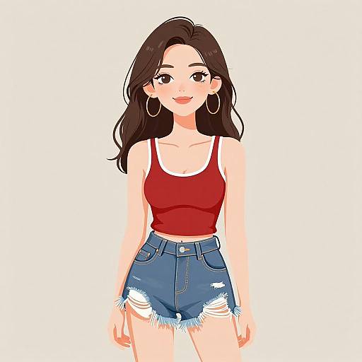 Digital anime-style drawing of a smiling young woman with long dark brown hair, wearing a red tank top and distressed blue denim shorts. She has large hoop