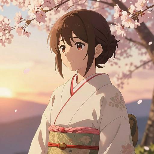 Anime Girl in Kimono at Sunset
