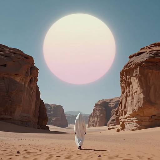 Photograph of a lone figure in white robes walking through a sunlit desert canyon with towering red rock formations under a bright, circular sun.
