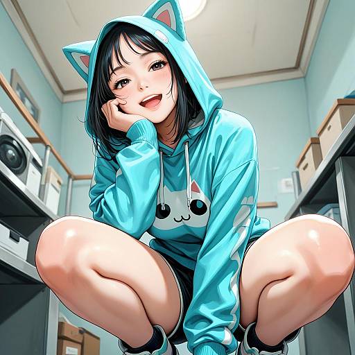 Playful Girl Squatting in Hoodie