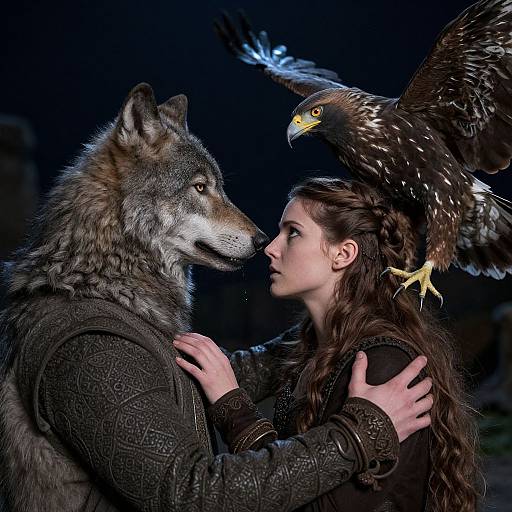 Photorealistic digital art of a woman with long brown hair, in medieval clothing, gently touching a wolf's chest while an eagle perches on her