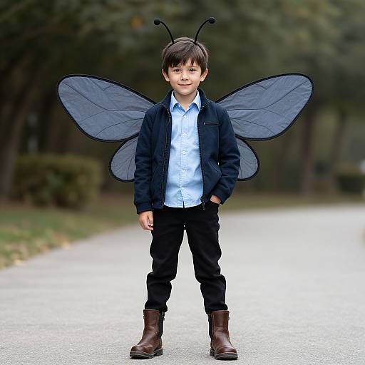 Photograph of a young boy with black antennae, grey butterfly wings, and brown boots, wearing a blue shirt, black jacket, and pants,