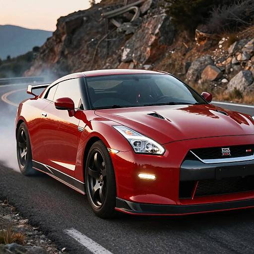 Red Nissan GTR R35 Drifting on Mountain Road