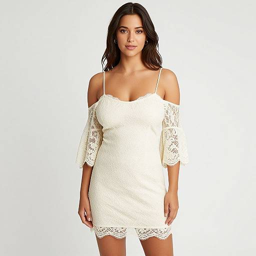 Photograph of a brunette woman with wavy hair, wearing an off-shoulder white lace mini dress, standing against a plain white background.