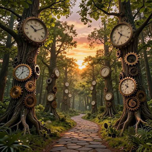 Surreal Forest of Clock Trees at Sunset