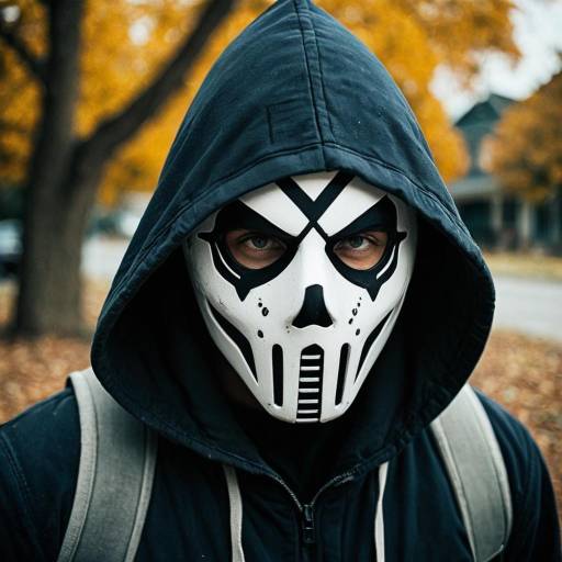 Man in Skull Mask and Hoodie Outdoors