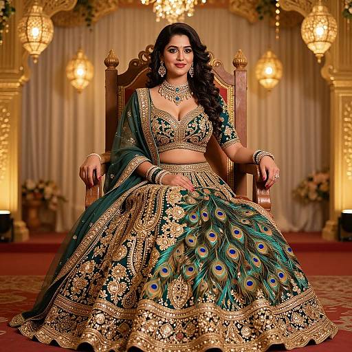 Photograph of a beautiful South Asian woman with long dark hair, wearing an ornate peacock-patterned green and gold traditional lehenga, seated on